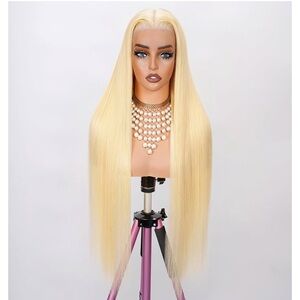 Human Hair Wig Platinum Blonde 18 inch Straight 13x6 Lace Front 250 Density